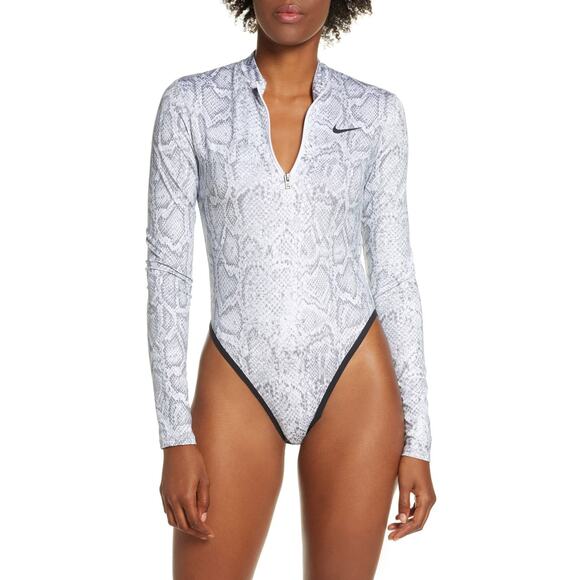 NIKE white python long sleeve bodysuit half zip size small - Picture 2 of 8